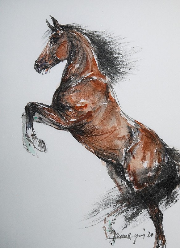 立ち上がった馬2020（墨絵、その他、厚い和紙２１ｃｍ×３０ｃｍ） 1枚目の画像