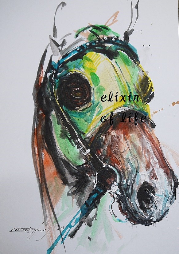 競走馬のポートレート、２（墨絵、アクリル、その他、水彩画用紙２１ｃｍ×３０ｃｍ） 1枚目の画像