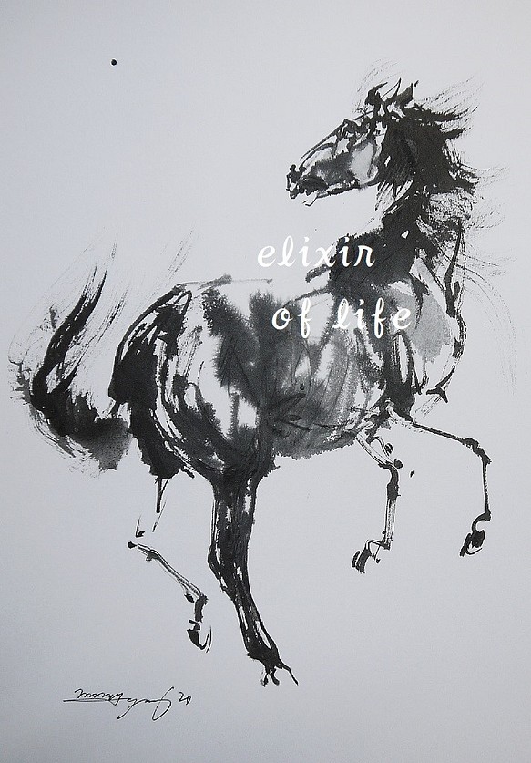 立ち上がった馬（墨絵、水彩画用紙２１ｃｍ×３０ｃｍ） 絵画 ELIXIR OF