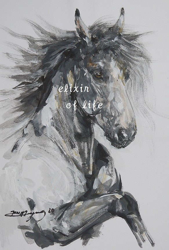 グレー色の馬２０２０（墨、アクリルその他、水彩画用紙２１ｃｍ×３０ｃｍ） 1枚目の画像