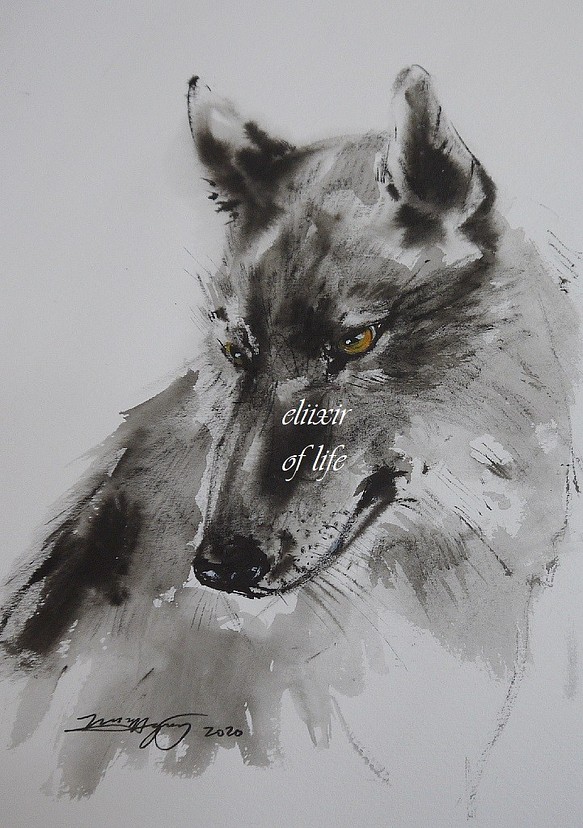 狼のポートレート（墨絵、水彩画用紙Ｂ５） 1枚目の画像
