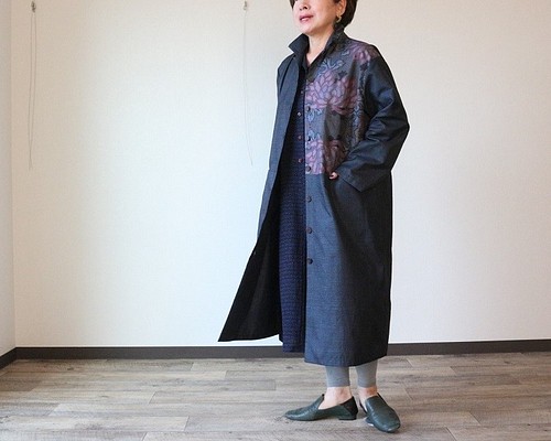 着物リメイク 大輪菊と亀甲大島紬合せオープンカラーコート コート