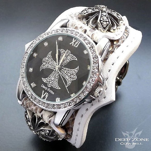 本革 (牛革+蛇革) レザー ブレスウォッチ メンズ 腕時計 (ホワイト) 1枚目の画像