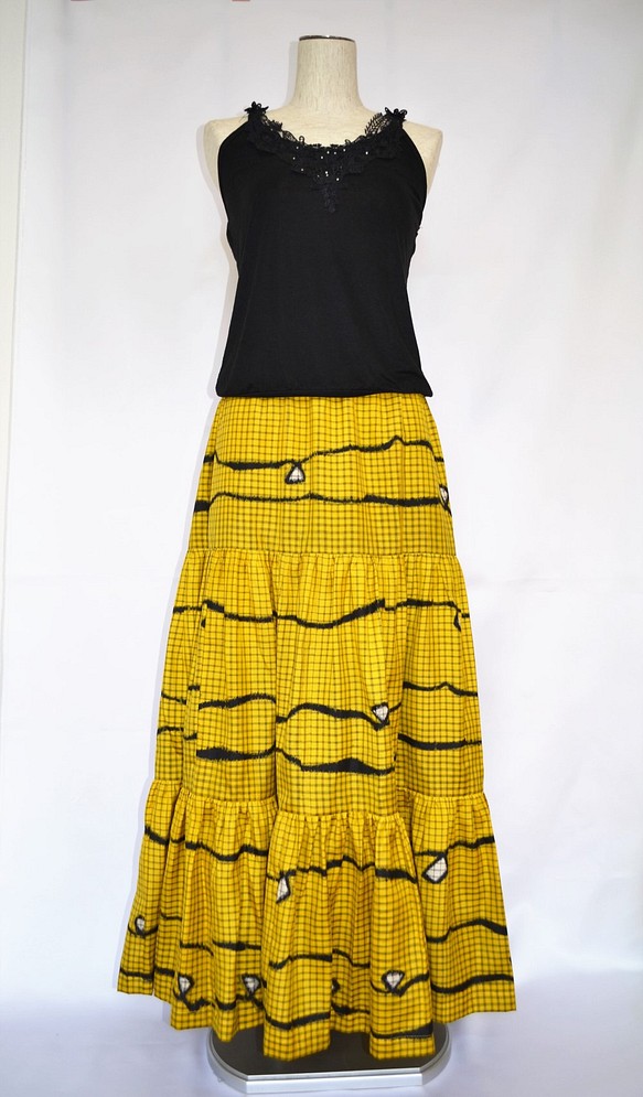 美森裙子：黃色，抽像圖案/可手洗，和服翻拍，2個工作日內發貨，國內包郵 第1張的照片