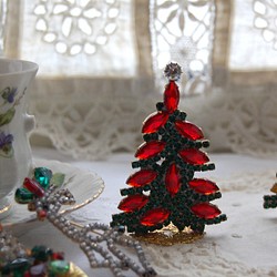 ヴィンテージチェコガラスのクリスマスツリー*リーフモチーフred 1枚目の画像