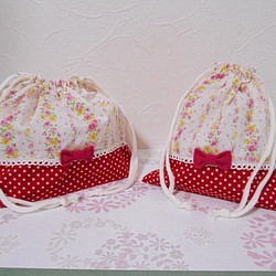 お弁当袋＆コップ袋　ピンク系きれいなストライプ花柄　ドット　リボン付き 入園 入学  女の子 1枚目の画像