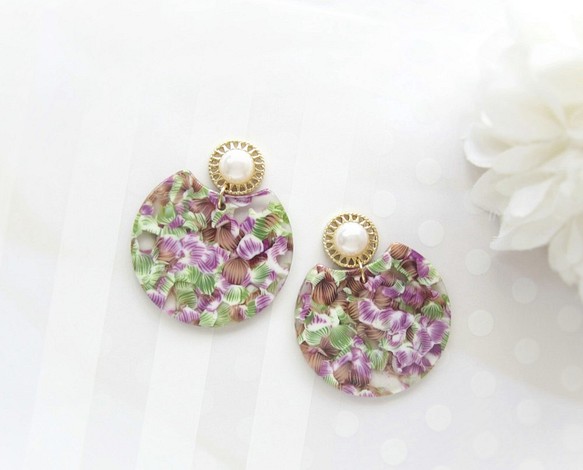 2984*Pearl×Mix Color plate earring／pierce(パープル) イヤリング