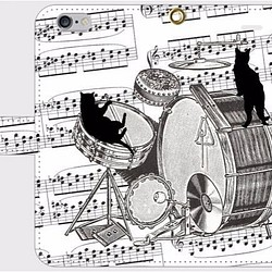 (iPhone用)ドラムと黒猫の手帳型スマホケース【楽器ねこシリーズ】 1枚目の画像
