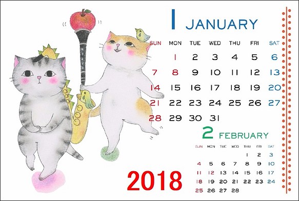 2018年　猫＆音楽カレンダー(卓上型)【楽器ねこシリーズ】 1枚目の画像