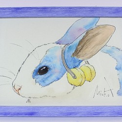 水彩画《ウサギと耳あて》ハガキサイズ【送料込み】 1枚目の画像