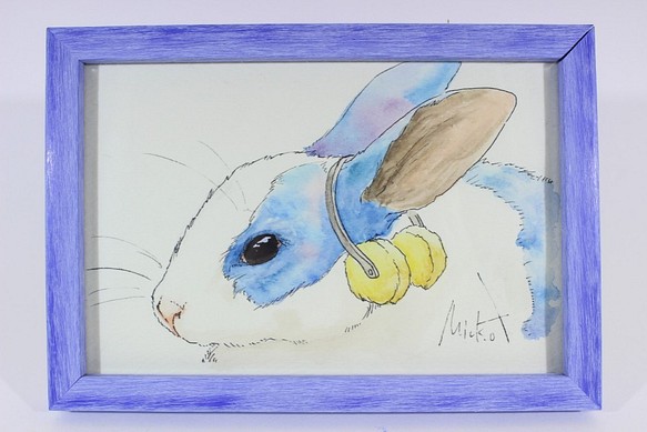 水彩画《ウサギと耳あて》ハガキサイズ【送料込み】 1枚目の画像