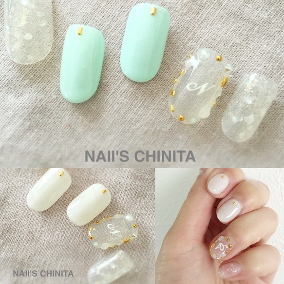 Mint Shell Alphabet Gelnail ミント グリーン シェル イニシャル アルファベット ネイル ネイルチップ ネイルシール Nail S Chinita 通販 Creema クリーマ ハンドメイド 手作り クラフト作品の販売サイト