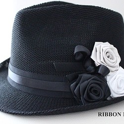 【ラスト1点！】リボンの薔薇の夏の帽子(ﾌﾞﾗｯｸ&BWS) 1枚目の画像