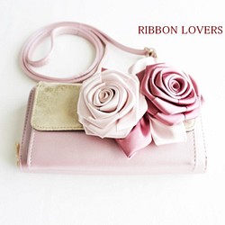 リボンの薔薇のお財布ポシェット(ピンク) 1枚目の画像