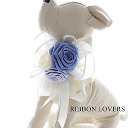 リボンの薔薇の犬・猫アクセサリー(首飾り・ネックレス)ブルー② 1枚目の画像