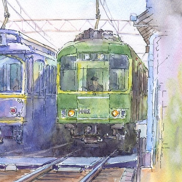 水彩画原画 高架線の江ノ電・藤沢駅出発 ＃412 - 絵画/タペストリー