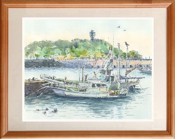 水彩画原画　江の島と腰越漁港A 1枚目の画像