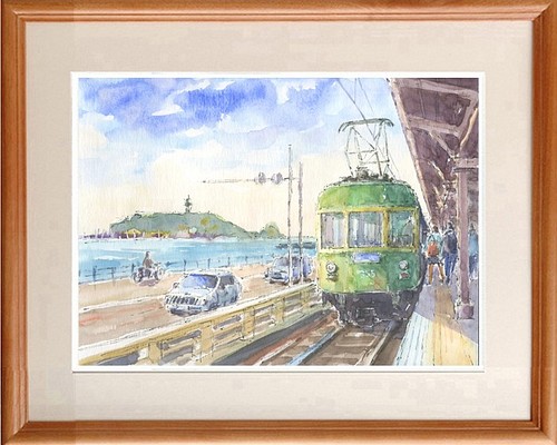 水彩画原画 海辺の駅1・江ノ電 鎌倉高校前駅（＃410） 絵画 syoumei