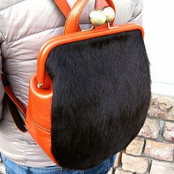 Real leather backpack/Fur leather/Orange 第1張的照片
