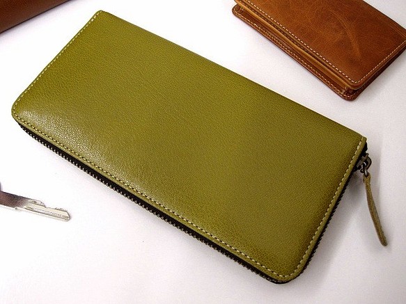 Real leather wallet/Goat leather/grassgreen 第1張的照片