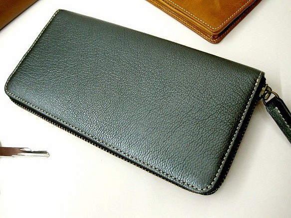 Real leather wallet/Goat leather/metalic green 第1張的照片