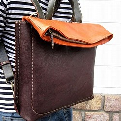 Real leather backpack/Kip leather/Choco & Orenge & Olive 第1張的照片