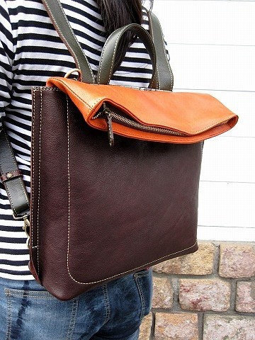 Real leather backpack/Kip leather/Choco & Orenge & Olive 第1張的照片