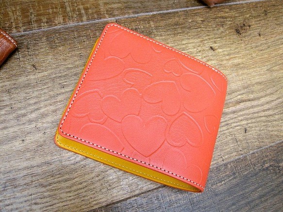 Real leather wallet/Embossed Leather/Heart Patten Orange 第1張的照片