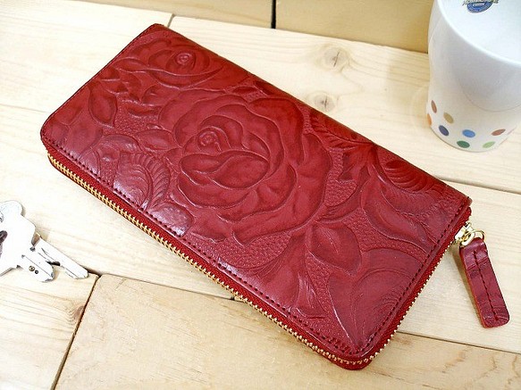 Real leather wallet/Embossing Cow leather/Rose pattern 第1張的照片