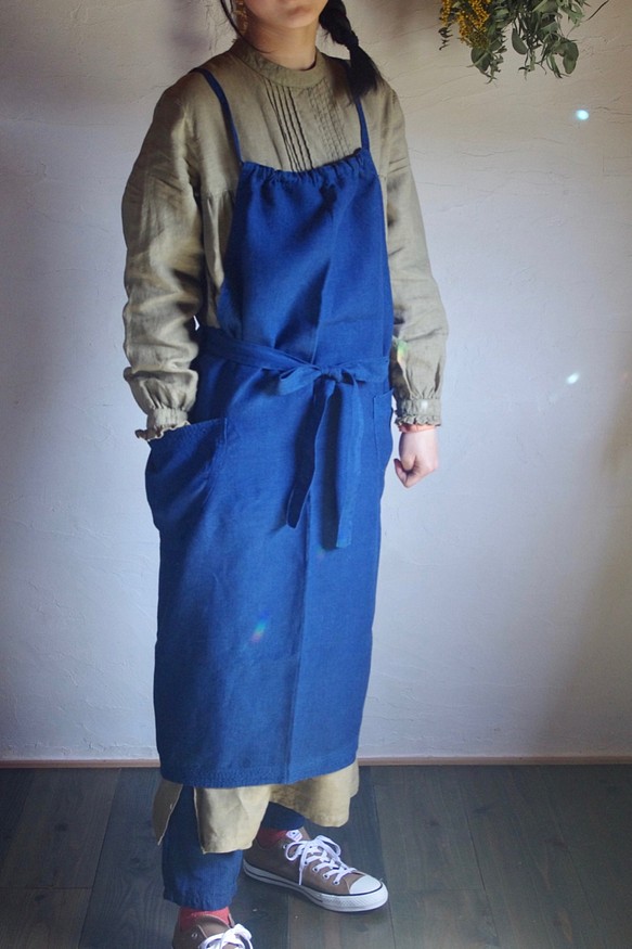 再販オーダー受付  3way　Linen Apron Dress　藍染め　 1枚目の画像
