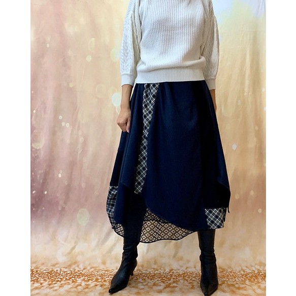 冬新作クラッシィ＊ ウール100%ネイビー&チェックのデザインスカートBy 毬衣　1385-k1 1枚目の画像