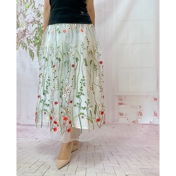 エレガスリーク＊ボタニカル刺繍のフラワリースカート選べるペチカラー受注生産By Aki 1459-k2 1枚目の画像