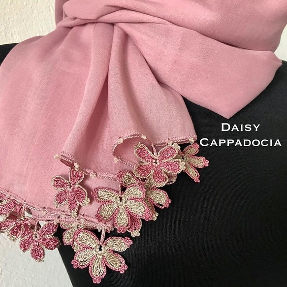 櫻花刺繡圖案有機棉披肩（100% 棉）粉色 第1張的照片
