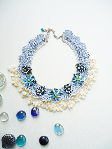Bijou刺繡項鍊花珠寶淺藍色 第1張的照片