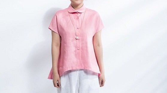 【受注製作】６サイズ展開・お色選択・リネンの可愛い丸衿シャツ・ブラウス 1枚目の画像