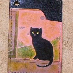 猫のデザイン　レザークラフト　パス&診察券ケース．窓猫　バッグ　財布　catwalk oikawa 1枚目の画像