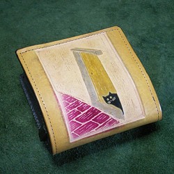 catwalk oikawaアートレザークラフト　nd二つ折り財布（中仕切有）　ドア猫マスタード黄 1枚目の画像