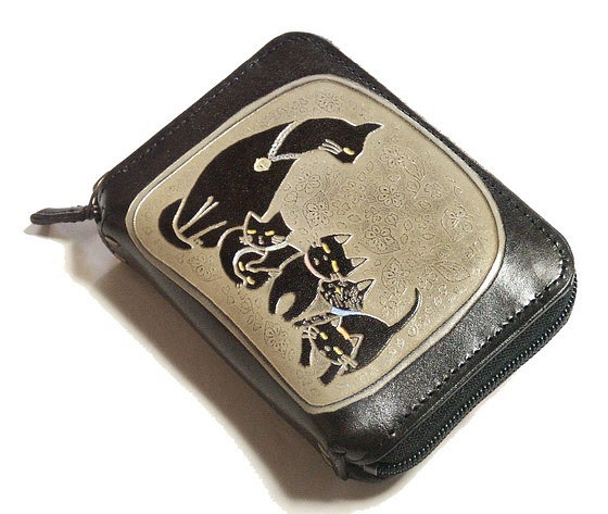 猫のデザイン　バッグ　財布等　レザークラフト　スクエアウオレット親子猫 catwalk oikawa 1枚目の画像