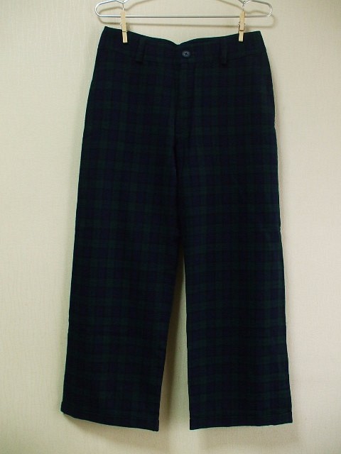 【セール品】ウール混 裾ダブル折りフルレングスワイドパンツ(身長160ｃｍの方) Ｍ～Ｌサイズ 緑地×紺柄 1枚目の画像