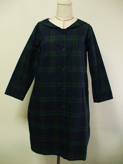 【セール品】セーラー衿 長袖コート(裏地無し)　M~Lサイズ 紺×グリーンチェック柄 1枚目の画像
