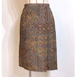 着物リメイクスカート　ST1　茶系の幾何学模様 1枚目の画像