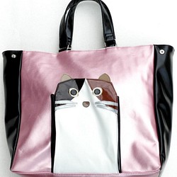 【送料無料】猫 バッグ トートバッグ 三毛猫 大容量 猫柄 ピンク 1枚目の画像