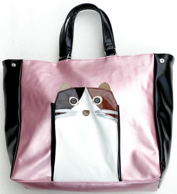 【送料無料】猫 バッグ トートバッグ 三毛猫 大容量 猫柄 ピンク 1枚目の画像