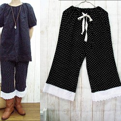 新♪成人可愛的黑色運動衫圓點和蕾絲針織寬褲M-5L日本製造M-2L，3L-5L小訂單可提供！ 第1張的照片