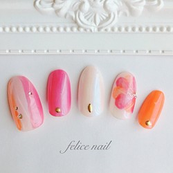 pink×orange summer nail 1枚目の画像