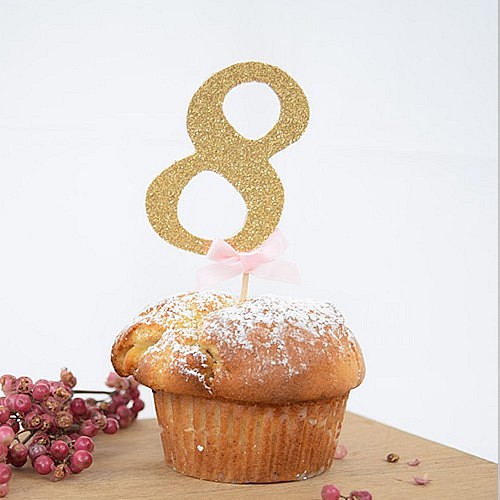 ケーキトッパー 数字「8」ゴールド×ベビーピンクリボン 1枚目の画像