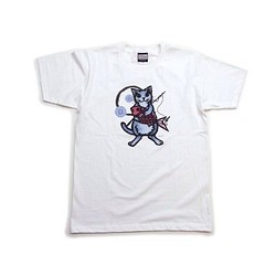 和柄 猫 tシャツ めで鯛半袖Tシャツ 男女兼用 半t 猫柄　釣り アート作家コラボ　白L 1枚目の画像