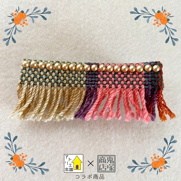 手織布とパールのヘアクリップ　グリーン×ピンク 1枚目の画像