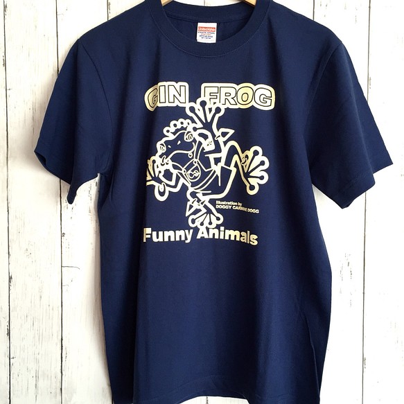 王冠 カエル『ジン フロッグ』レギュラー Tシャツ・Lサイズ/インディゴ・かえる 1枚目の画像