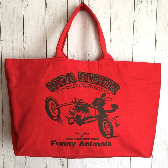 『USA RIDER/ウサライダー』大きめ キャンバス ジップ トートバック・レッド/うさぎ バイク 帆布 カジュアル 1枚目の画像